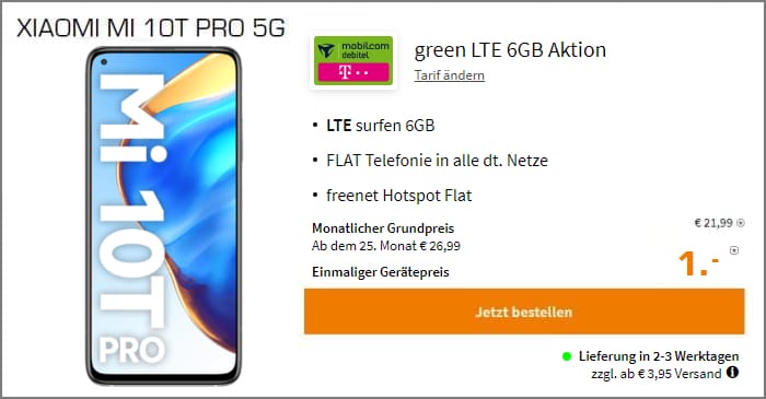 Xiaomi Mi 10T Pro + mobilcom-debitel green LTE (Telekom-Netz) bei Saturn