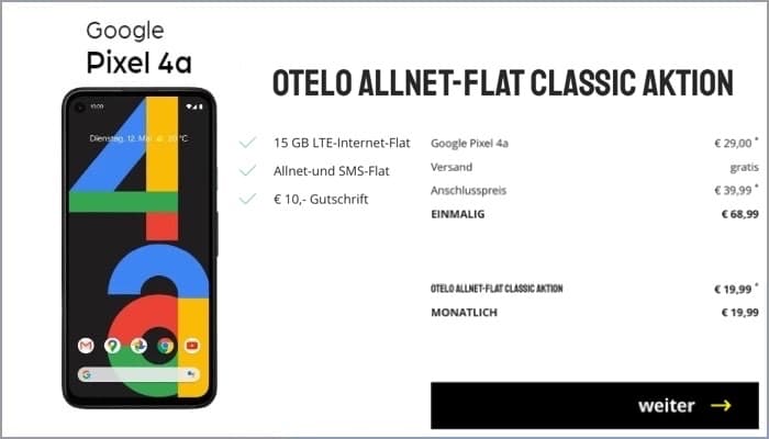 Google Pixel 4a + otelo Allnet-Flat Classic (Vodafone-Netz)