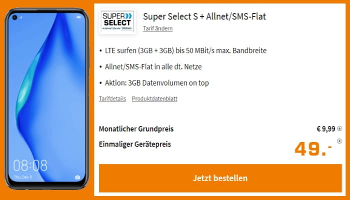 Huawei P40 Lite + Super Select S, 6 GB LTE + Allnet-Flat mit 9,99 € Grundgebühr