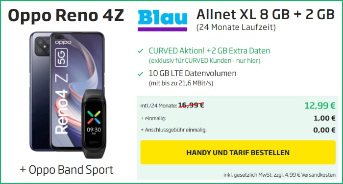 Oppo Reno4 Z 5G inkl Band Sport mit Blau Allnet XL 10 GB bei curved