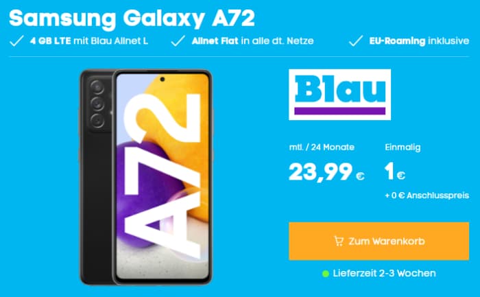 Samsung Galaxy A72 mit Blau Allnet L (4 GB) bei Blau