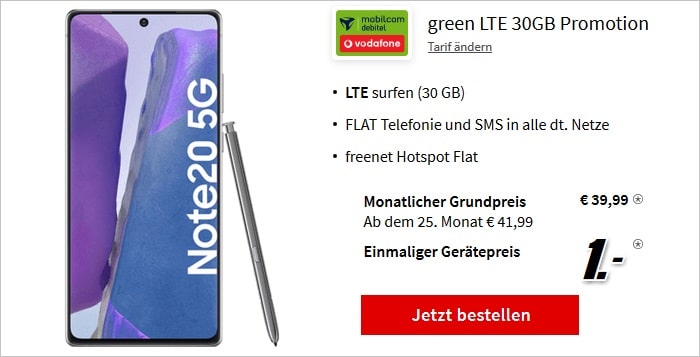 Samsung Galaxy Note20 5G green LTE 30 GB Vodafone bei MediaMarkt