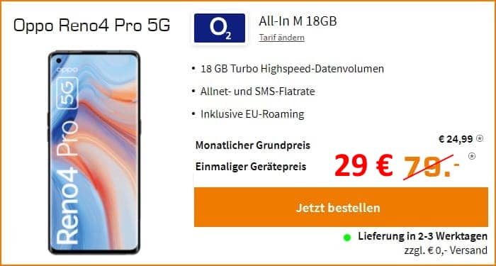 Oppo Reno4 Pro 5G + Allnet-Flat + 18 GB LTE - o2 blue all in m