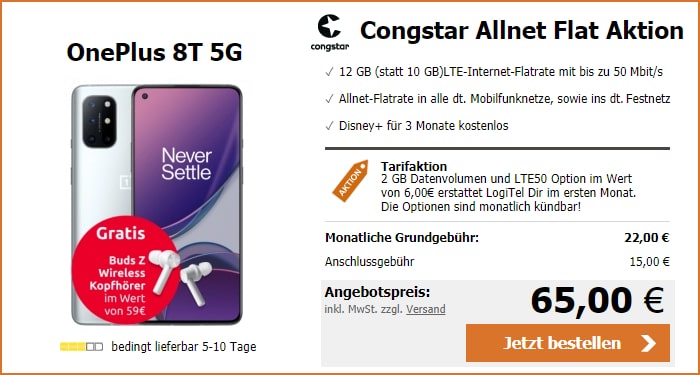 OnePlus 8T + OnePlus Buds Z + congstar Allnet Flat M bei LogiTel