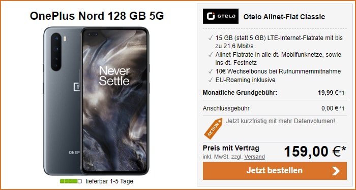 Oneplus Nord 5G zur otelo Allnet-Flat Classic bei LogiTel