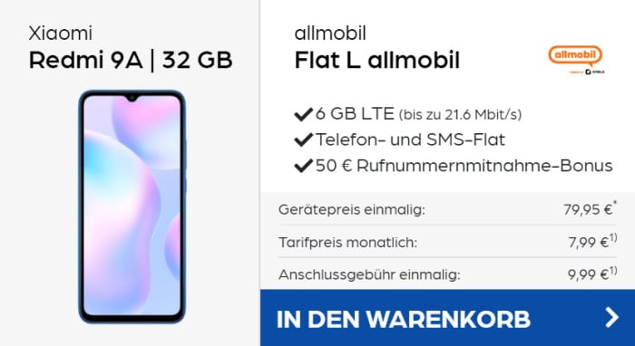 Xiaomi Redmi 9A + allmobil Flat L bei Preisboerse24