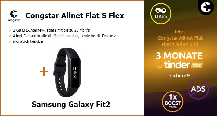 congstar Allnet-Flat Flex 2 GB im Telekom-Netz mit Galaxy Fit2 + Tinder Gold