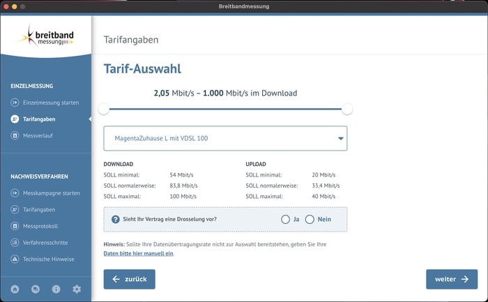 Breitbandmessung: Tarif-Details manuell eingeben