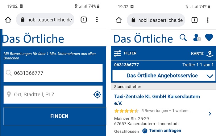 Rückwärtssuche über Das Örtliche