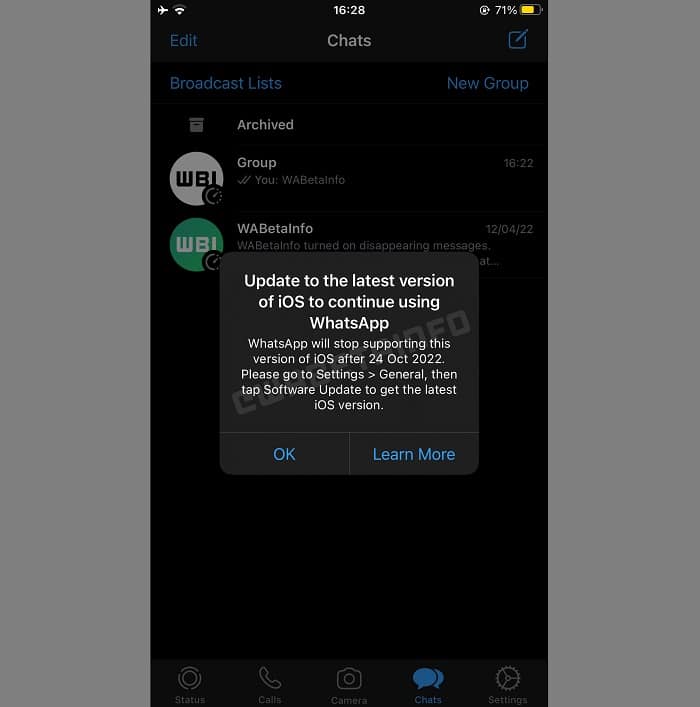 WhatsApp-Warnmeldung auf betagten iOS-Versionen