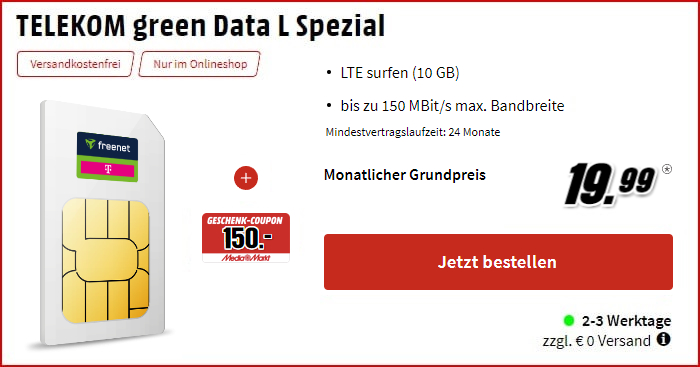 SIM-only: freenet green Data L (Telekom) + 150 € MM-Coupon