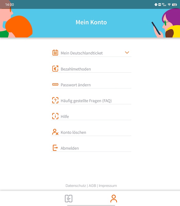 Das Menü der Deutschlandticket-App