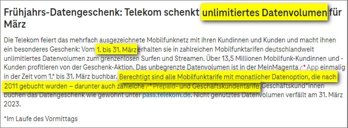 Telekom Unlimited Datenvolumen gratis als März-Aktion