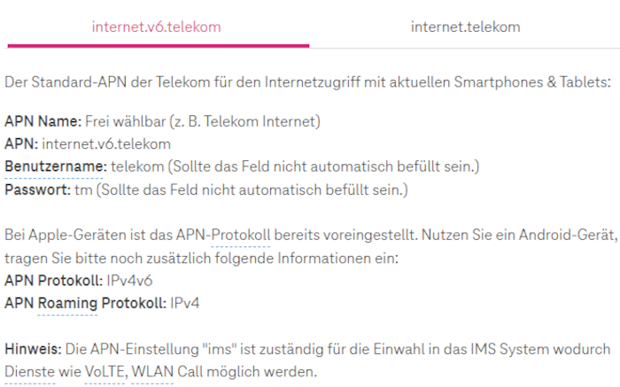 Telekom APN Einstellungen