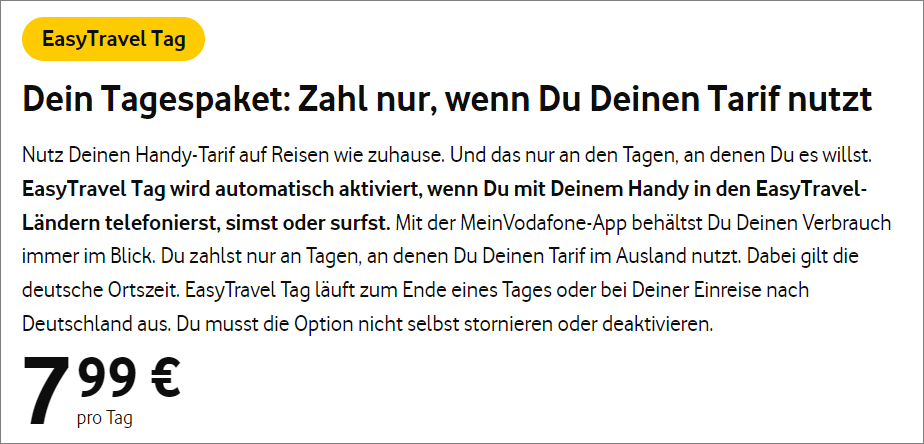 Vodafone Easy Travel Tag Option für die Türkei