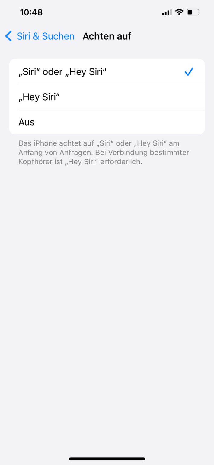 Screenshot der Siri-Weckruf-Einstellung in iOS 17.4