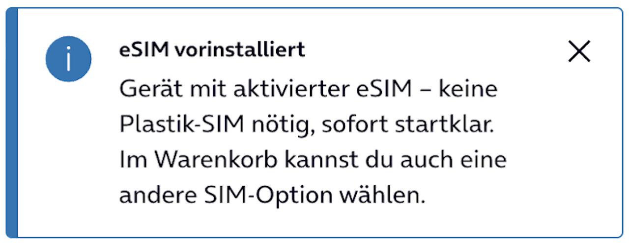 o2 eSIM Kompatibilitätshinweis für das ausgewählte Gerät