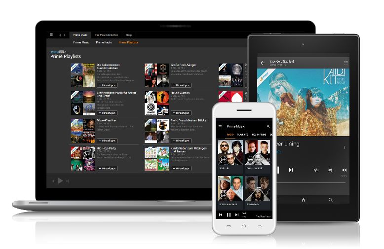 Die Bedienoberfläche von Amazon Music auf einem Laptop, einem Smartphone und einem Tablet