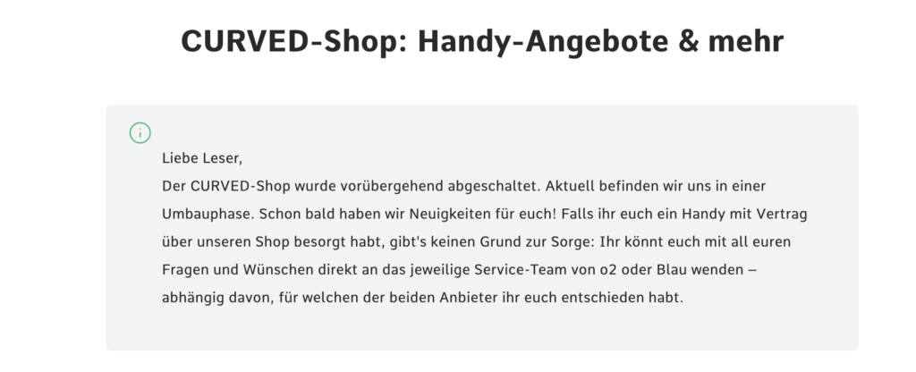 Der Hinweis von Curved auf den geschlossenen Shop. (Screenshot: Handyhase.de)