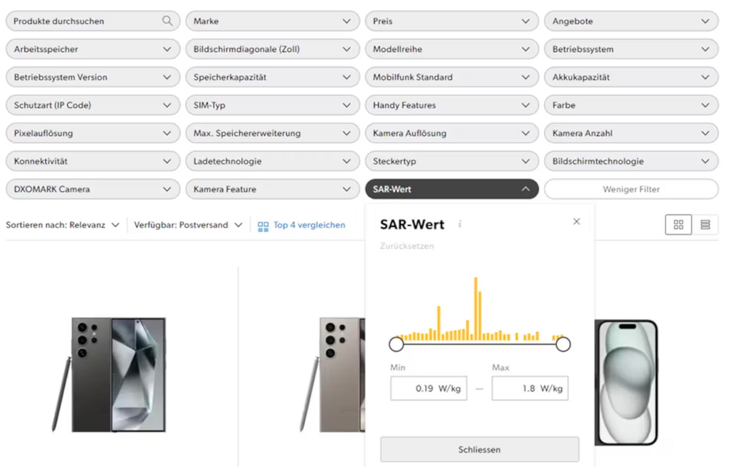 SAR-Filter bei Galaxus