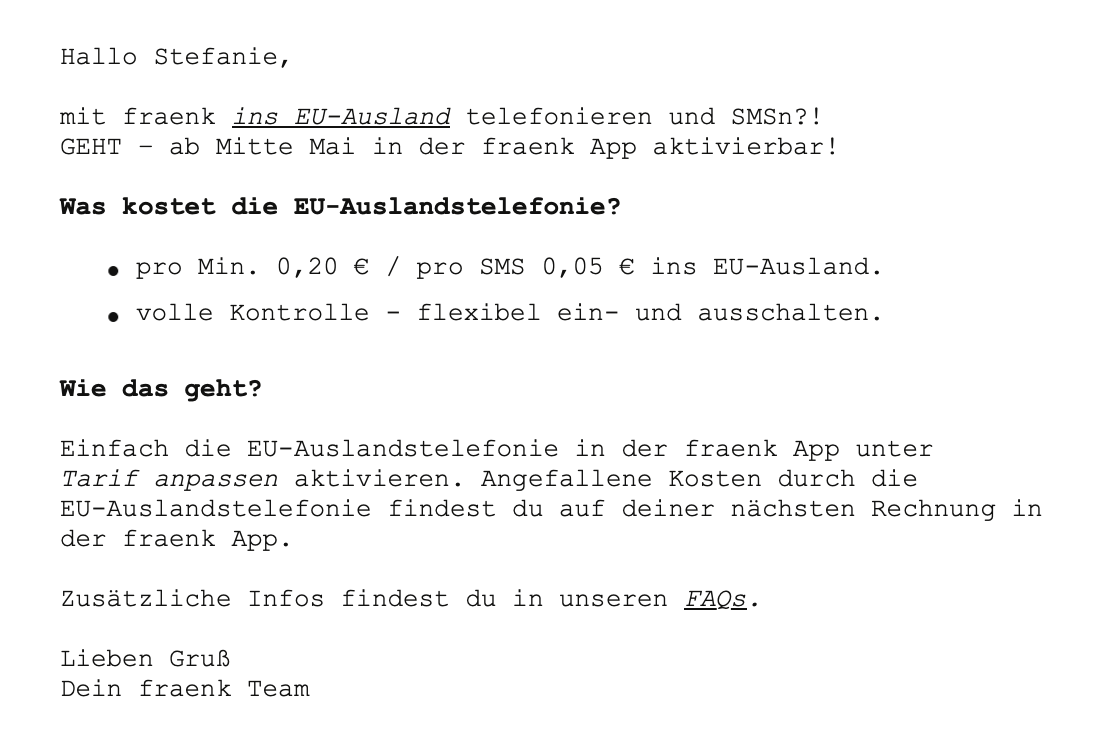 Screenshot einer Info-Mail zur fraenk Auslandstelefonie