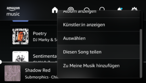 Screenshot mit Schaltflächen zum Teilen eines Songs in Amazon Music