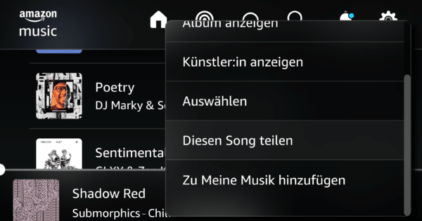 Screenshot mit Schaltflächen zum Teilen eines Songs in Amazon Music