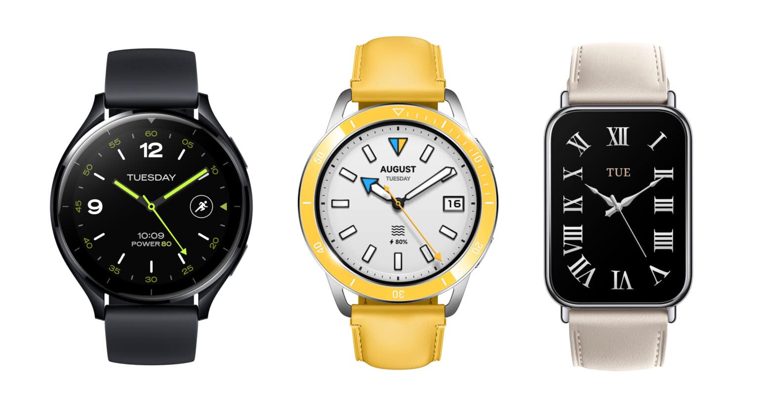 Produktbilder der Xiaomi Watch 2, Xiaomi Watch S3 und des Xiaomi Smart Band 8 Pro