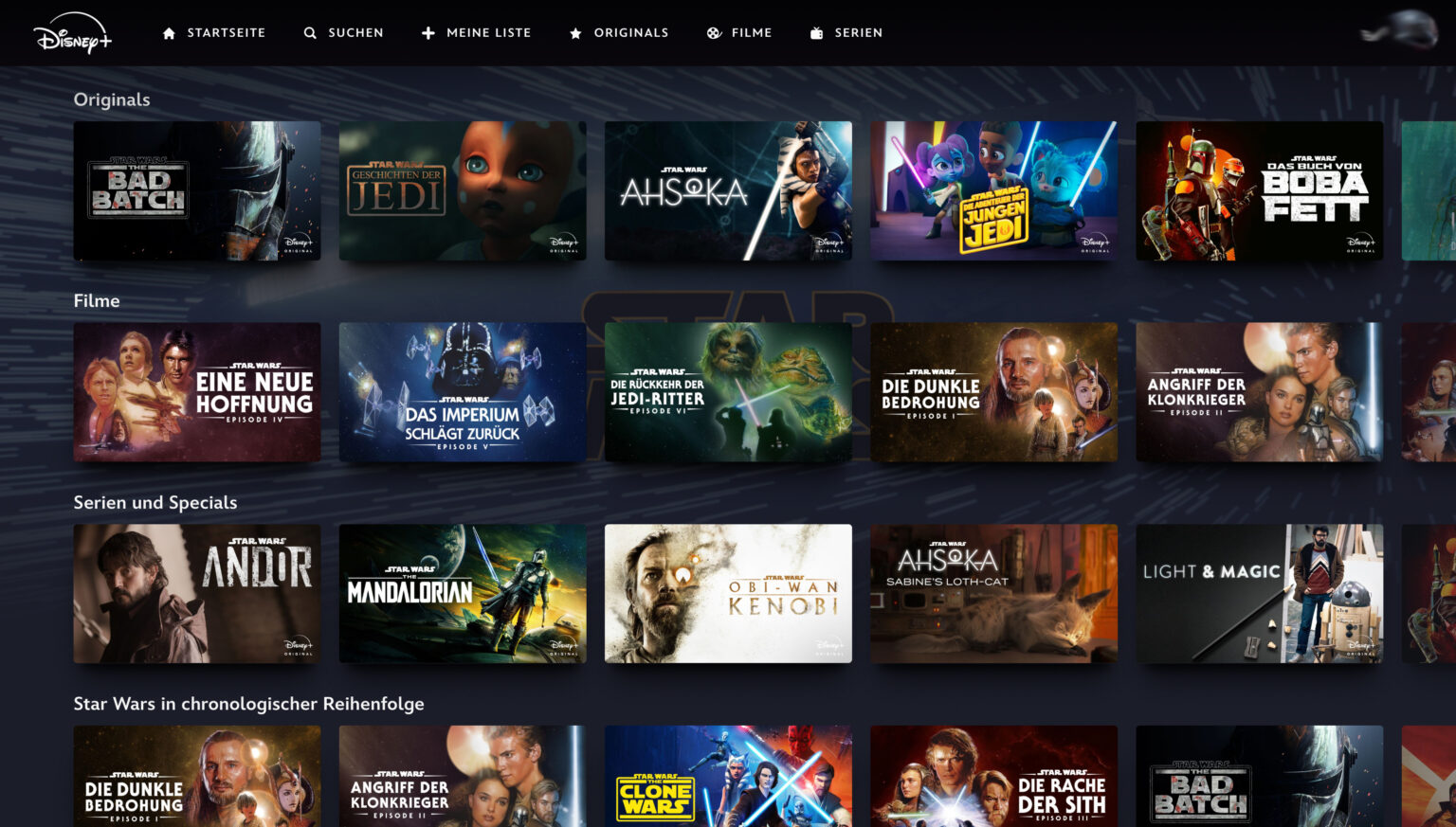 Screenshot der Inhalteauswahl von Star Wars in Disney+