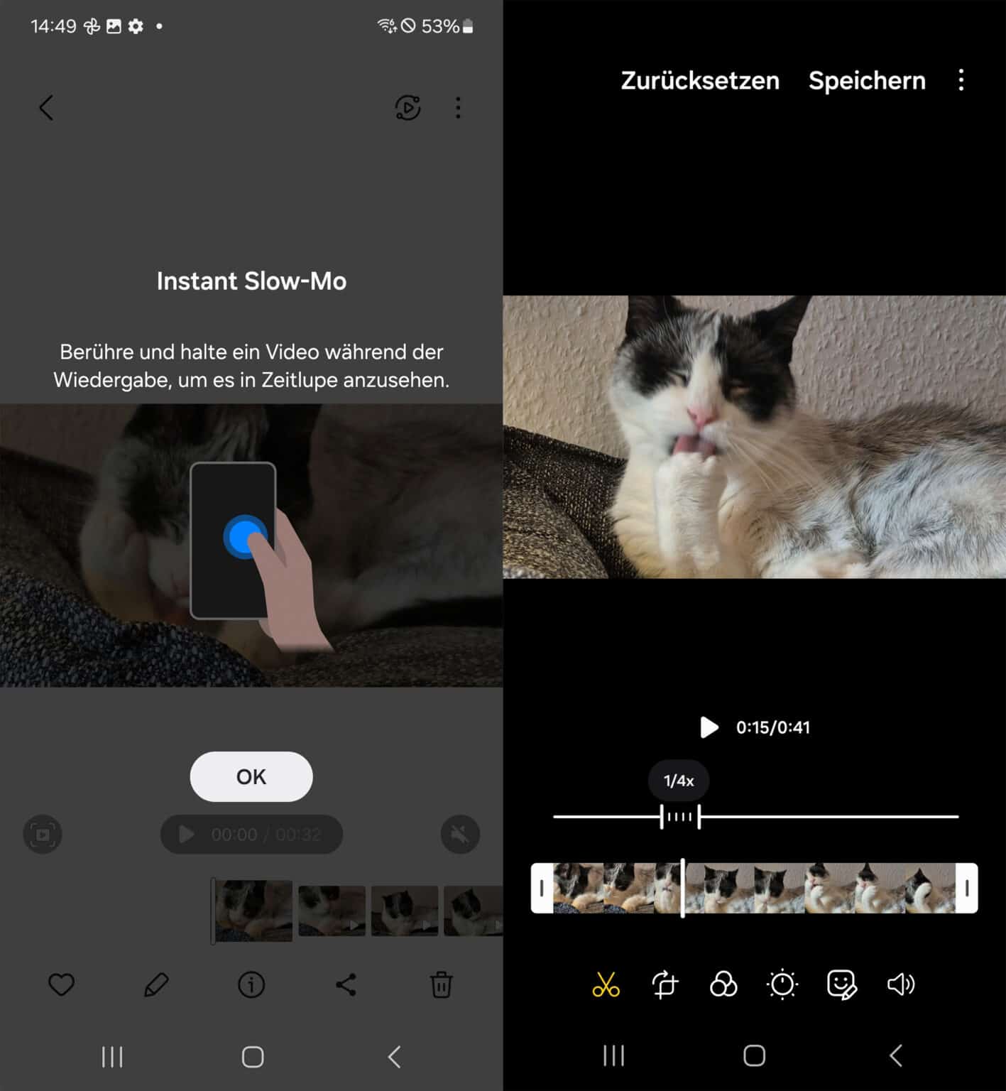 Screenshots der Video-Zeitlupen-Funktion von Galaxy AI