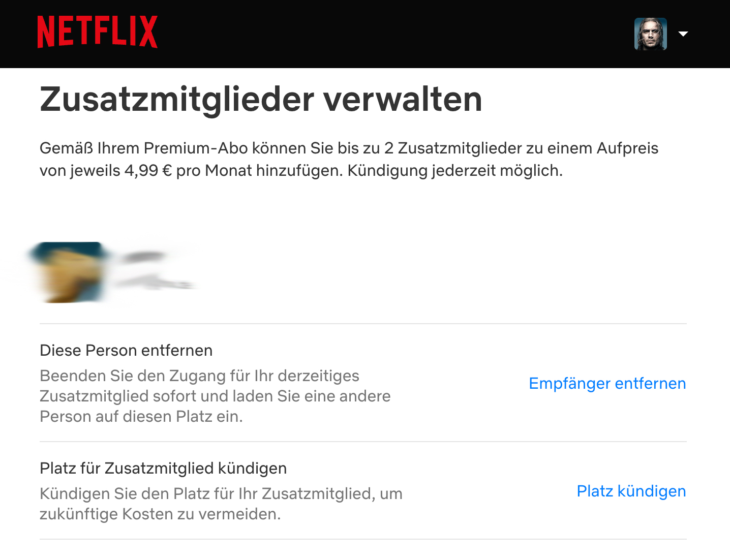 Screenshot der Zusatzmitglieder-Verwaltung im Netflix-Konto