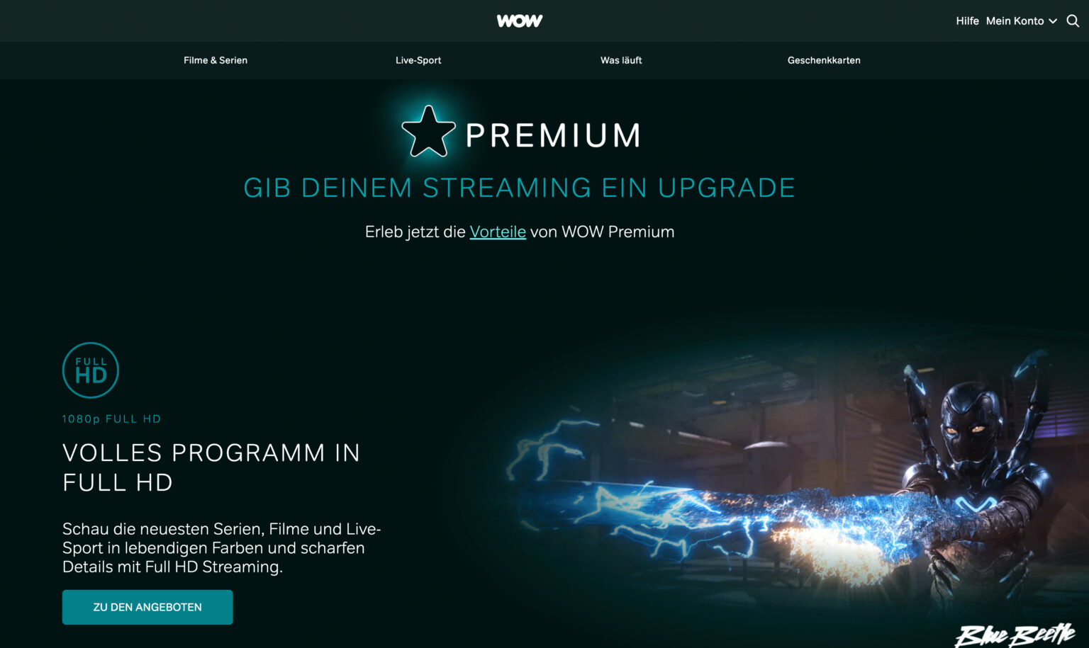 Screenshot der Marketing-Webseite von WOW Premium