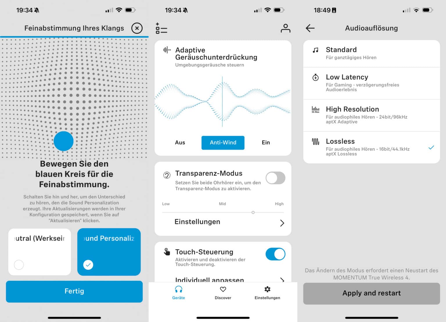 Screenshots der Sennheiser App für den Kopfhörer Momentum True Wireless 4