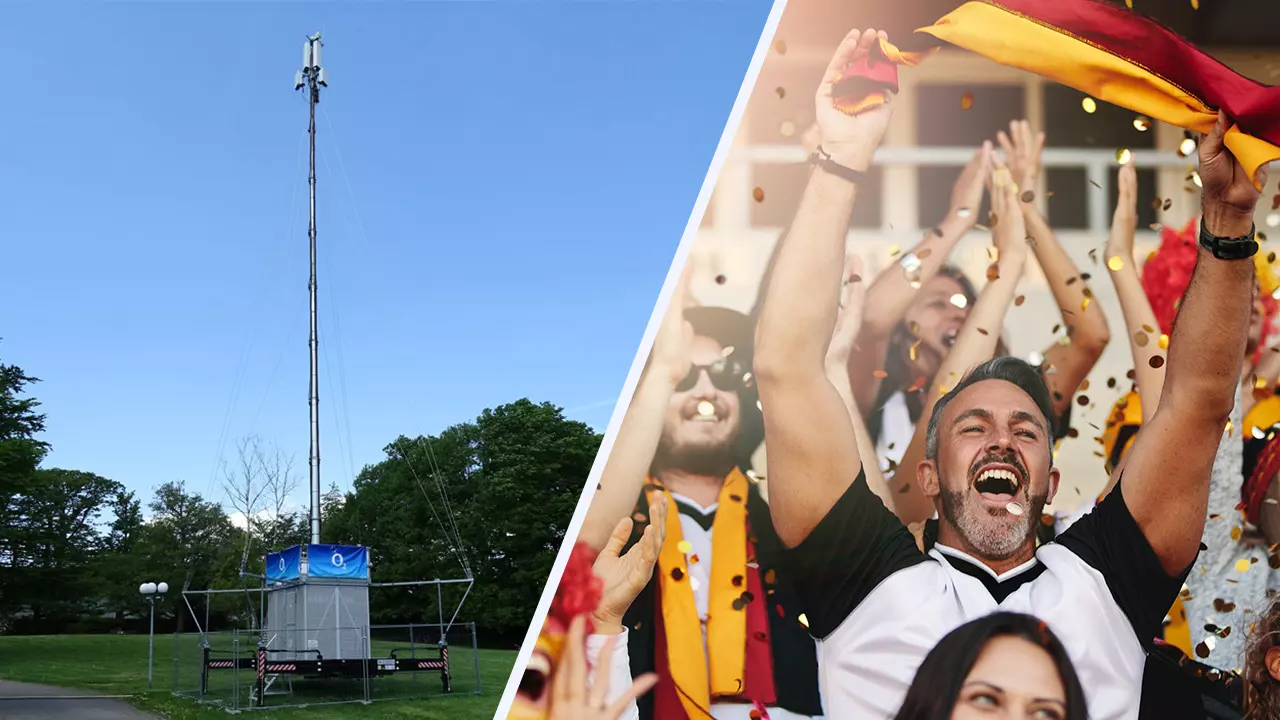 Collage von mobilem 5G-Sender von O2 und feiernden Fußball-Fans