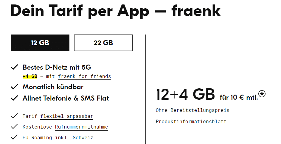 fraenk mit mehr Daten: Jetzt gibt es 12 GB (zuvor: 10 GB)