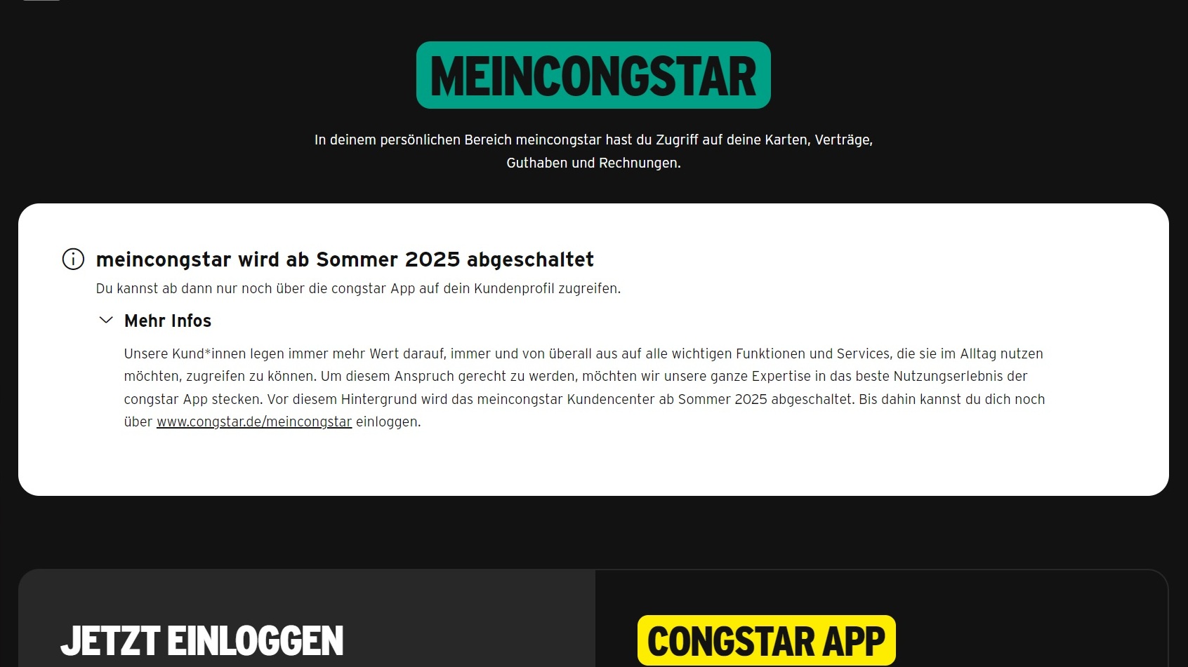 Erklärung zum Ende von MeinCongstar im Web