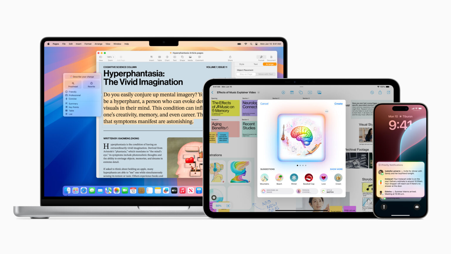 Anwendungsfenster mit Apple Intelligence Funktionen auf Mac, iPad und iPhone