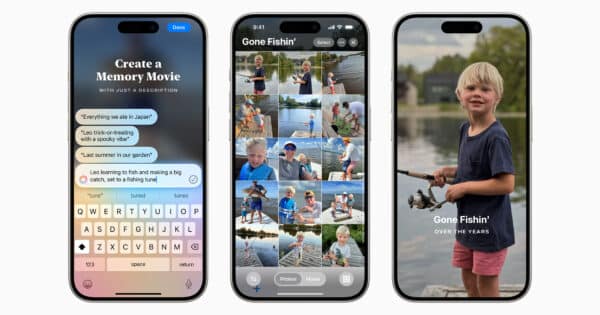 drei Render-Bilder von iPhones mit Anwendungsfenstern, die die Erstellung von Video-Rückblicken mit KI-Textbefehlen zeigen