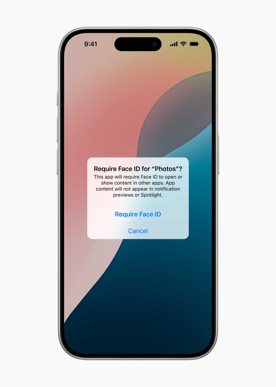 iPhone mit Bildschirm, der Fragt, ob man den Zugriff auf die Fotos-App mit einem Face-ID-Profil verknüpfen möchte