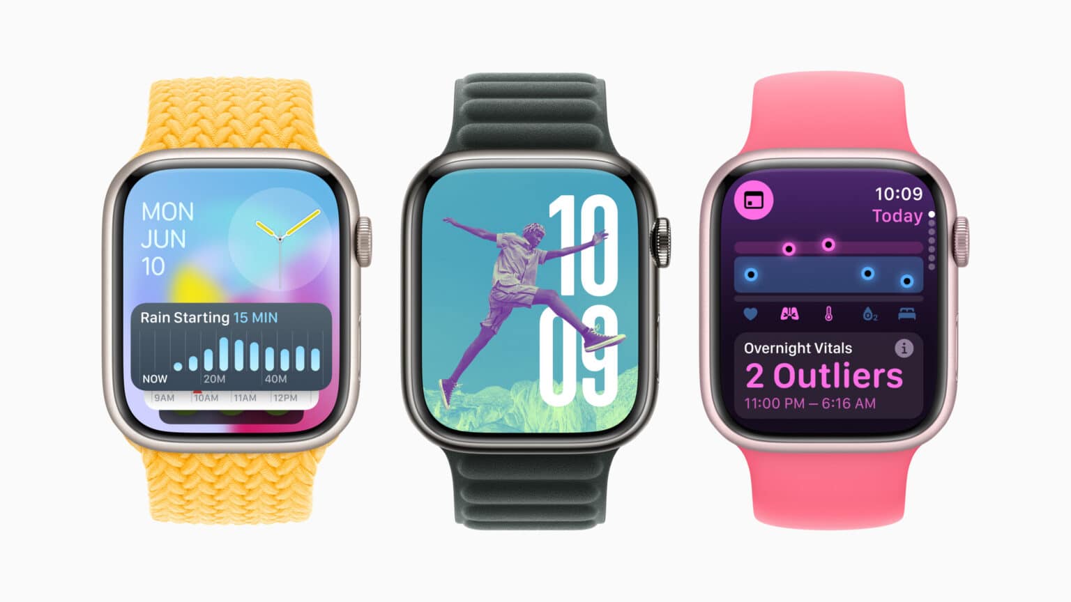Computergenerierte Collage mit drei Apple Watches und Displayansichten der Neuerungen