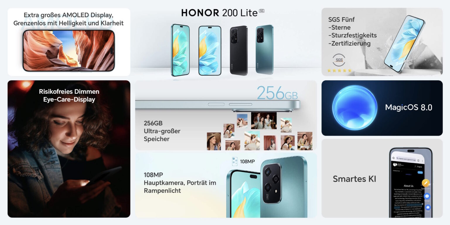 Honor 200 Lite Specs - mit Vertrag in den Netzen von Telekom, Vodafone, o2 Telefónica und 1&1