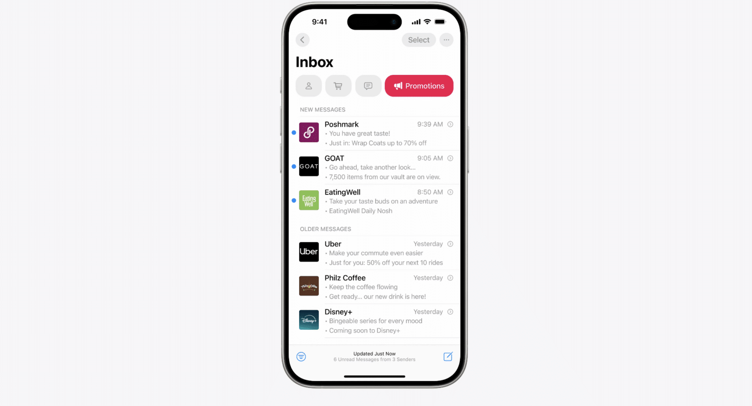 Ansicht der neuen Kategorisierungsautomatik von Apple Mail in iOS 18