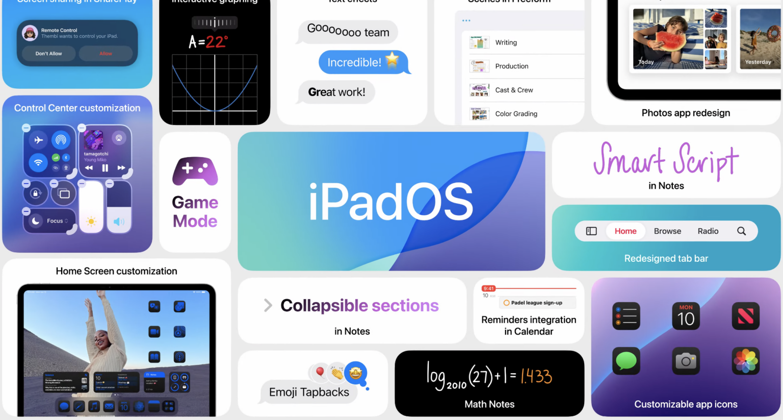 Kachel-Collage mit Renderbildern und Screenshots von Neuerungen in iPadOS 18