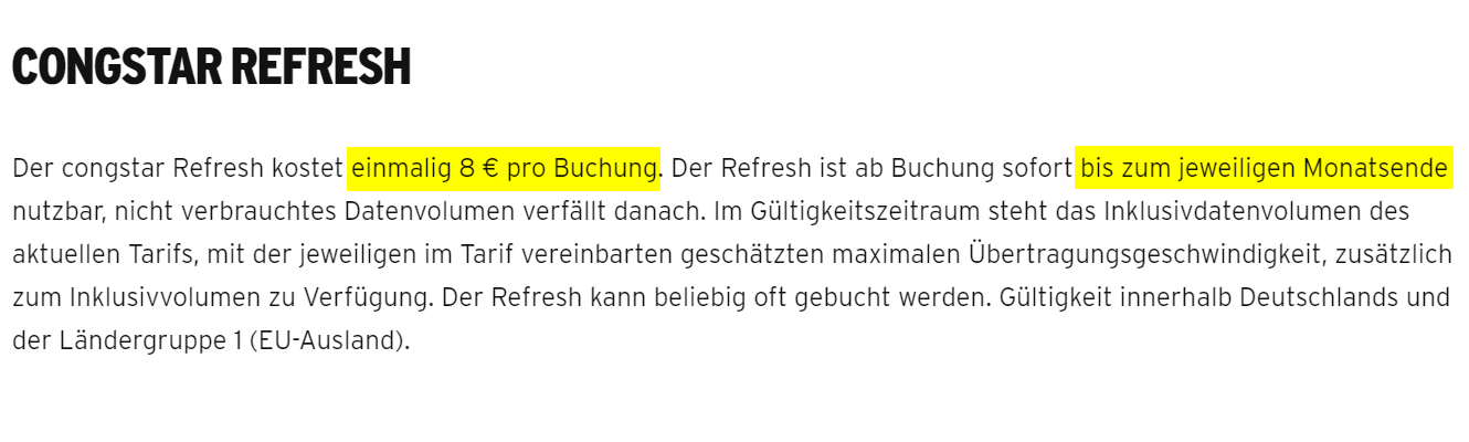 congstar Datenreset als Refresh-Option: Gültig bis Monatsende