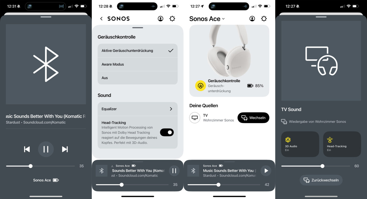 Screenshots der Sonos-App für iOS zeigen Funktionen der Sonos Ace