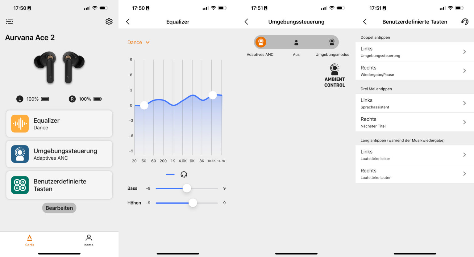 Screenshots der Begleit-App zum Test der Creative Aurvana Ace 2 im Test