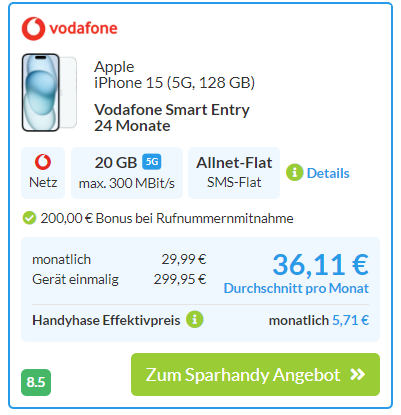 Vodafone Smart Entry mit iPhone 15 bei Sparhandy