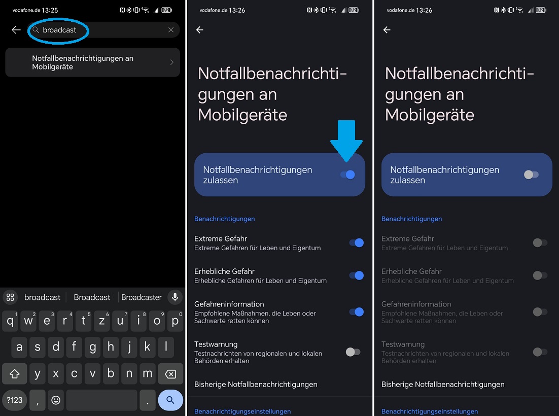 Notfallnachrichten ausschalten (Android)