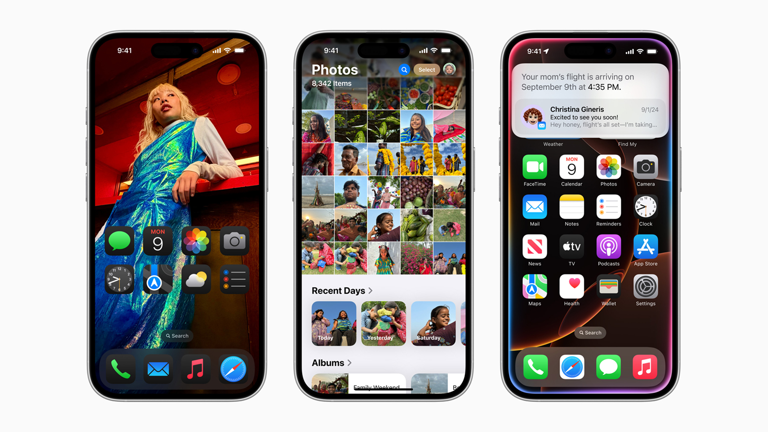 Screens von Fotos-App, Homescreen und E-Mail-Sortierung im Zuge des iOS 18 Update