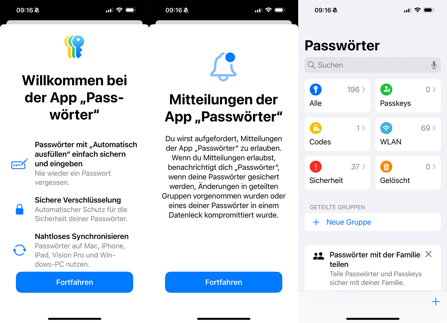 Screenshots der Passwörter-App von iOS 18